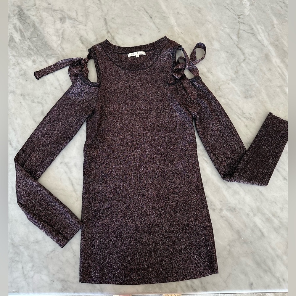 Willow & Clay Women’s Sparkle Purple Silver Holiday Sweater Off Shoulder Tie S